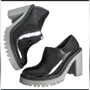Black Patent Chunky Lug Heel Slip-On Shoes